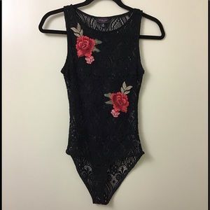 Black laced flower one piece bodysuit